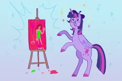 Size: 1500x1000 | Tagged: safe, artist:mokeonn, derpibooru import, twilight sparkle, twilight sparkle (alicorn), alicorn, pony, :d, beret, bipedal, cute, drawing, easel, gradient background, hat, hind legs, image, open mouth, open smile, painting, png, smiling, solo, twiabetes