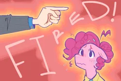 Size: 1500x1000 | Tagged: safe, artist:mokeonn, derpibooru import, pinkie pie, earth pony, pony, clothes, fired, hand, image, necktie, png, sad, solo focus, suit