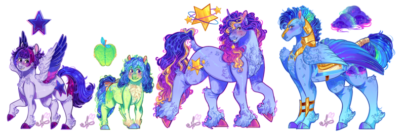 Size: 3500x1140 | Tagged: safe, artist:bunnari, derpibooru import, oc, oc:chromatic cumulonimbus, oc:sew-n-sow ii, oc:star streak, oc:till dawn, unofficial characters only, earth pony, pegasus, pony, unicorn, armor, bow, chest fluff, feathered fetlocks, female, fluffy, height difference, image, magical gay spawn, mare, offspring, parent:big macintosh, parent:flash sentry, parent:fluttershy, parent:pinkie pie, parent:rainbow dash, parent:shining armor, parent:twilight sparkle, parent:zephyr breeze, parents:flashlight, parents:fluttermac, parents:shiningpie, parents:zephdash, png, simple background, tail, tail bow, transparent background, unshorn fetlocks