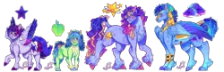 Size: 3500x1140 | Tagged: safe, artist:bunnari, derpibooru import, oc, oc:chromatic cumulonimbus, oc:sew-n-sow ii, oc:star streak, oc:till dawn, unofficial characters only, earth pony, pegasus, pony, unicorn, armor, bow, chest fluff, feathered fetlocks, female, fluffy, height difference, image, magical gay spawn, mare, offspring, parent:big macintosh, parent:flash sentry, parent:fluttershy, parent:pinkie pie, parent:rainbow dash, parent:shining armor, parent:twilight sparkle, parent:zephyr breeze, parents:flashlight, parents:fluttermac, parents:shiningpie, parents:zephdash, png, simple background, tail, tail bow, transparent background, unshorn fetlocks