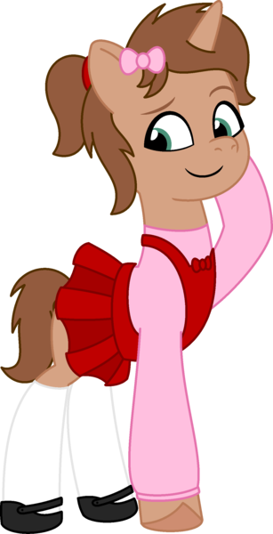 Size: 1232x2409 | Tagged: safe, artist:peternators, derpibooru import, oc, oc:heroic armour, unofficial characters only, pony, unicorn, g5, bow, clothes, colt, crossdressing, dress, foal, hair bow, image, male, mary janes, png, ponytail, ribbon, shoes, simple background, smiling, socks, solo, sweater, teenager, thigh highs, transparent background