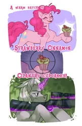 Size: 2323x3588 | Tagged: safe, artist:djkaskan, derpibooru import, pinkie pie, zesty gourmand, earth pony, pony, unicorn, comic, cupcake, duo, food, gun, image, png, rifle, scope, sniper, weapon