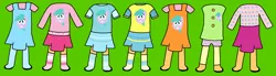 Size: 2015x555 | Tagged: safe, artist:hasbropreschool1983, derpibooru import, earth pony, pony, aura (g4), clothes, dress, female, filly, foal, g4, green background, grin, image, leggings, overalls, png, shoes, simple background, skirt, smiling, socks, striped clothes, striped socks, sweater, tights, vest