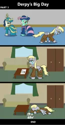 Size: 1920x3691 | Tagged: safe, artist:platinumdrop, derpibooru import, bon bon, derpy hooves, lyra heartstrings, sweetie drops, earth pony, pegasus, pony, unicorn, comic:derpy's big day, 3 panel comic, clothes, comic, commission, couch, crying, dress, dresser, flyer, food, hat, image, muffin, png, running, sad, table, window, wings