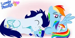 Size: 1980x1020 | Tagged: safe, artist:mlplary6, derpibooru import, rainbow dash, soarin', oc, oc:blue skies, oc:speedy dash, pegasus, pony, baby, baby bottle, baby pony, colt, eyes closed, family, female, filly, foal, heart, image, jpeg, laughing, lying down, male, mare, momma dash, newborn, newborn twins, offspring, parent:rainbow dash, parent:soarin', parents:soarindash, playing, raspberry, shipping, siblings, smiling, soarindash, stallion, straight, text, tongue out, twins