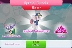 Size: 1263x860 | Tagged: safe, derpibooru import, official, admiral fairweather, pegasus, pony, airship, bundle, clothes, costs real money, english, gameloft, gem, hat, image, jpeg, male, mobile game, my little pony: magic princess, numbers, sale, solo, solo focus, spread wings, stallion, text, tree, wings