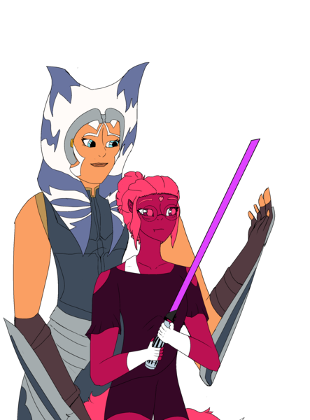 Size: 2252x3048 | Tagged: safe, artist:icicle-wicicle-1517, artist:moondrawzlv, color edit, derpibooru import, edit, oc, oc:venus red heart, alien, human, togruta, ahsoka tano, armor, blushing, bracer, clothes, collaboration, colored, crossover, crossover shipping, duo, elf ears, female, fingerless gloves, glasses, gloves, humanized, humanized oc, image, lesbian, lightsaber, png, robe, shipping, shorts, simple background, size difference, star wars, tail, tailed humanization, transparent background, weapon