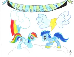 Size: 900x696 | Tagged: safe, artist:superkataang1, derpibooru import, rainbow dash, soarin', pegasus, pony, female, image, jpeg, male, mare, shipping, simple background, soarindash, stallion, straight, traditional art, white background