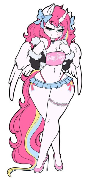 Size: 1439x2914 | Tagged: suggestive, artist:valcanicwitch, derpibooru import, oc, oc:nekonin, alicorn, anthro, alicorn oc, arm hooves, bedroom eyes, bow, boy toy, breasts, butt, clothes, collar, curved horn, disproportional anatomy, femboy, garter, hair bow, high heels, horn, huge butt, image, jacket, jpeg, large butt, looking at you, male, microskirt, miniskirt, panties, shoes, skirt, thong, underwear, wide hips, wings