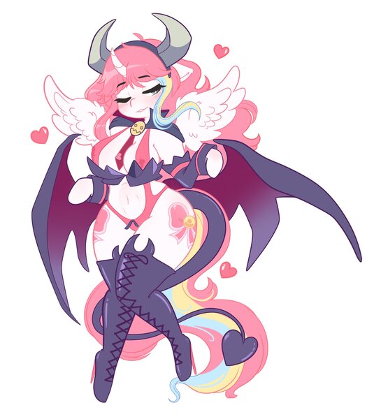 Size: 2276x2551 | Tagged: questionable, artist:valcanicwitch, derpibooru import, oc, oc:nekonin, alicorn, succubus, alicorn oc, arm hooves, ballet boots, breast milk, breasts, busty boy, butt, clothes, curved horn, devil tail, disgaea, disproportional anatomy, femboy, heart, horn, huge butt, image, intersex, jpeg, lactation, large butt, looking at you, male, milk, necktie, tail, wide hips, wings