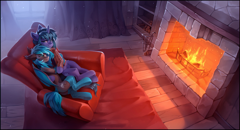 Size: 3391x1841 | Tagged: safe, artist:ramiras, derpibooru import, oc, oc:arclight, oc:lucia, unofficial characters only, bat pony, pony, unicorn, chair, clothes, comfy, couch, detailed background, duo, duo female, female, fireplace, high res, image, indoors, jacket, leather, leather jacket, mare, png, snuggling, socks