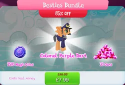 Size: 1268x857 | Tagged: safe, derpibooru import, official, colonel purple dart, pegasus, pony, bundle, clothes, costs real money, english, facial hair, gameloft, gem, hat, image, jpeg, magic coins, male, mobile game, moustache, my little pony: magic princess, numbers, sale, solo, solo focus, spread wings, stallion, text, wings