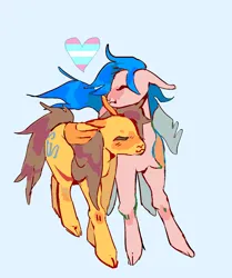 Size: 1182x1412 | Tagged: safe, artist:hoofpeet, derpibooru import, toffee, earth pony, pony, blue background, cloven hooves, duo, female, heart, image, jpeg, pride, pride flag, simple background, trans female, transgender, transgender pride flag, unknown pony, unknown species