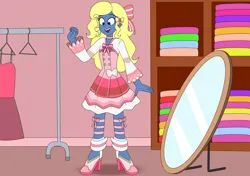 Size: 4428x3120 | Tagged: safe, artist:eagc7, derpibooru import, oc, oc:azure/sapphire, equestria girls, clothes, commission, crossdressing, dress, femboy, happy, image, male, mirror, png, solo