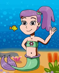 Size: 508x622 | Tagged: safe, artist:ocean lover, derpibooru import, lily pad (equestria girls), fish, human, mermaid, equestria girls, adorable face, bandeau, bare shoulders, bashful, bikini, bikini top, bubble, child, clothes, coral, cute, cute face, female, fish tail, flower, hand behind back, human coloration, image, innocent, lily pad (g4), looking at you, mermaid tail, mermaidized, mermay, midriff, ms paint, ocean, png, ponytail, purple eyes, purple hair, rock, sand, sleeveless, smiling, smiling at you, species swap, sponge, swimsuit, tail