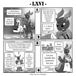 Size: 1200x1200 | Tagged: safe, artist:vavacung, derpibooru import, pinkie pie, queen chrysalis, changeling, earth pony, insect, moth, pony, comic:out of chrysalis, apron, clothes, comic, female, image, naked apron, partial nudity, pinkamena diane pie, png, species swap