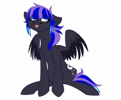 Size: 2048x1707 | Tagged: safe, artist:zeepurplefox, derpibooru import, oc, oc:rainfall (zeepurplefox), unofficial characters only, pegasus, pony, :p, belly, cyan eyes, dark coat, eye clipping through hair, female, floppy ears, freckles, full body, hair over eyes, image, jpeg, looking up, mare, multicolored mane, multicolored tail, partially open wings, pegasus oc, simple background, sitting, solo, star freckles, starry wings, tail, tongue out, white background, wings