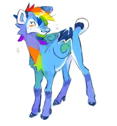 Size: 1280x1378 | Tagged: safe, artist:hoofpeet, derpibooru import, rainbow dash, deer, deer pony, original species, peryton, alternate design, concave belly, eyes closed, folded wings, image, png, short tail, simple background, smiling, solo, tail, twitterina design, white background, wings