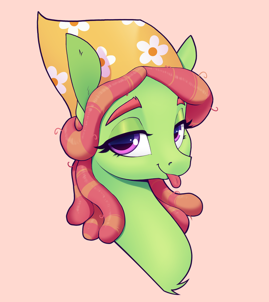 Size: 2230x2500 | Tagged: safe, artist:aquaticvibes, derpibooru import, tree hugger, earth pony, pony, :p, bust, female, image, lidded eyes, mare, png, portrait, simple background, smiling, solo, tongue out