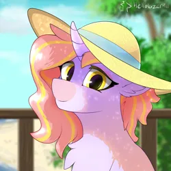 Size: 2000x2000 | Tagged: safe, artist:hellblazer911, derpibooru import, oc, oc:pink blossom, unofficial characters only, pony, unicorn, beach, blurry background, bust, chest fluff, cloud, commission, curly hair, curly mane, curved horn, ear fluff, eyeshadow, facial markings, female, floppy ears, hat, high res, horn, image, lightly watermarked, long mane, looking at you, makeup, mare, outdoors, pink mane, png, ponytail, portrait, railing, ribbon, sitting, smiling, smiling at you, solo, sun hat, tree, two toned mane, unicorn horn, unicorn oc, watermark, yellow eyes