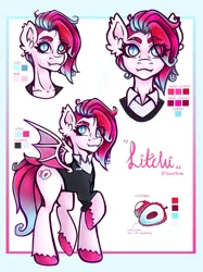 Size: 899x1199 | Tagged: safe, artist:elusivepurple, derpibooru import, oc, oc:litchi, unofficial characters only, anthro, bat pony, pony, bust, clothes, eye clipping through hair, eyebrows, eyebrows visible through hair, fangs, image, jpeg, looking at you, not zipp storm, reference sheet, shirt, simple background, smiling, solo, spread wings, suit, unshorn fetlocks, white background, wings