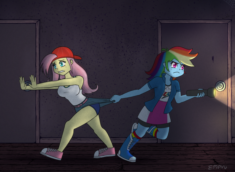 Size: 1200x880 | Tagged: safe, artist:empyu, derpibooru import, fluttershy, rainbow dash, human, equestria girls, backwards ballcap, baseball cap, boots, cap, clothes, compression shorts, cutie mark, cutie mark on clothes, duo, female, flashlight (object), hat, haunted house, image, indoors, png, pulling, shoes, skirt, vest