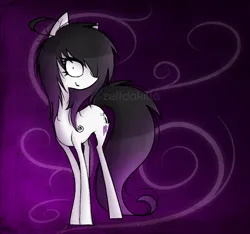 Size: 2000x1875 | Tagged: safe, artist:zeffdakilla, derpibooru import, oc, oc:lacey lullaby, unofficial characters only, earth pony, pony, abstract background, black mane, emo, female, image, looking at you, png, purple background, simple background, skinny, solo, standing, white fur