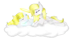 Size: 6000x3146 | Tagged: safe, artist:angellightyt, derpibooru import, oc, oc:angel light, pegasus, pony, cloud, duo, halo, image, jewelry, lying down, necklace, on a cloud, pegasus oc, png, prone, wings