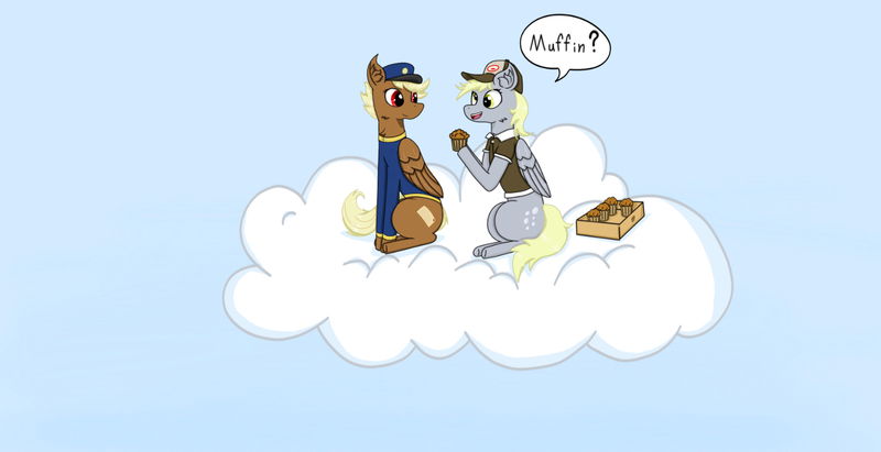 Size: 1613x828 | Tagged: safe, artist:nismorose, derpibooru import, derpy hooves, oc, oc:shitfuck, pegasus, box, cheek fluff, chest fluff, clothes, cloud, cross-eyed, cute, cutie mark, digital art, ear fluff, eyelashes, female, food, forced meme, happy, hat, image, jpeg, mail, mailmare, mate, meme, muffin, on a cloud, pegasus oc, simple background, sitting, sitting on cloud, sky, smiling, speech, speech bubble, talking, telegram pony, text, uniform, uniform hat, vulgar, wings