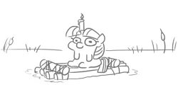 Size: 1003x495 | Tagged: safe, artist:jargon scott, derpibooru import, twilight sparkle, pony, unicorn, black and white, candle, female, filly, filly twilight sparkle, grayscale, image, marsh, monochrome, png, raft, simple background, sitting, smiling, solo, squatpony, twiggie, unicorn twilight, white background, younger