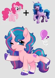 Size: 2893x4092 | Tagged: safe, artist:horsesrnaked, derpibooru import, izzy moonbow, pinkie pie, oc, oc:flyaway balloon, earth pony, pony, unicorn, g5, bracelet, curly hair, curly mane, curly tail, cutie mark, full body, fusion, fusion:izzy moonbow, fusion:pinkie pie, g4, image, izzy and her herione, jewelry, long hair, long mane, long tail, png, pride, pride flag, standing, standing on two hooves, tail, tongue out