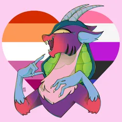 Size: 2000x2000 | Tagged: safe, artist:orionofthestars, derpibooru import, cosmos (character), draconequus, antagonist, bust, comic, female, image, png, pride flag, stars, teeth, villainess