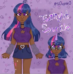 Size: 1015x1030 | Tagged: safe, artist:s0upiie0, derpibooru import, twilight sparkle, human, alternate hairstyle, arm warmers, belly button, belt, blackwashing, choker, clothes, cutie mark on human, cutie mark tattoo, dark skin, denim, denim skirt, female, glasses, horn, horned humanization, humanized, image, jpeg, midriff, skirt, solo, tattoo