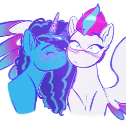 Size: 3300x3300 | Tagged: safe, artist:starsbursts, derpibooru import, zipp storm, pegasus, pony, unicorn, g5, adorazipp, blushing, cute, dawnstorm, duo, eyes closed, female, flustered, heart, image, kiss on the cheek, kissing, lesbian, mare, misty brightdawn, mistybetes, png, shipping, simple background, spread wings, white background, wingboner, wings