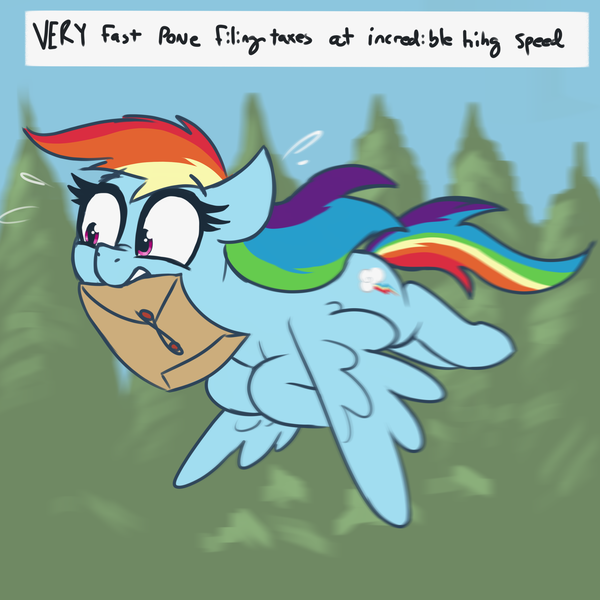 Size: 3000x3000 | Tagged: safe, artist:t72b, derpibooru import, rainbow dash, pegasus, pony, emanata, envelope, female, flying, horse taxes, image, mare, meme, motion blur, mouth hold, png, solo, sweat, sweatdrops, tree