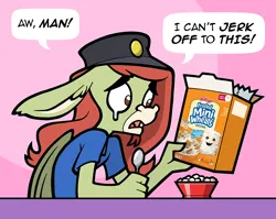 Size: 1250x996 | Tagged: suggestive, artist:toonbat, derpibooru import, oc, oc:toonbat, anthro, bat pony, hybrid, mule, cereal, cereal box, crying, food, frosted mini wheats, i can't jerk off to this, image, male, patreon, png, spoon
