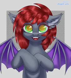 Size: 2700x2959 | Tagged: safe, artist:ingolf arts, derpibooru import, oc, oc:wolfberry, unofficial characters only, bat pony, pony, cute, ear fluff, eye reflection, female, high res, image, open mouth, open smile, png, reflection, smiling, solo, spread wings, wings