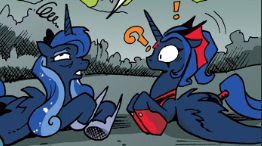 Size: 262x146 | Tagged: safe, derpibooru import, idw, princess luna, alicorn, reflections, spoiler:comic, alternate universe, cropped, duo, duo female, evil counterpart, evil luna, female, g4, image, jpeg, mirror universe