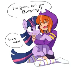 Size: 3200x3000 | Tagged: safe, artist:malt cat, derpibooru import, twilight sparkle, alicorn, human, pony, batgirl, blushing, cute, dc comics, dc superhero girls, dialogue, hugging a pony, image, png, simple background, speech bubble, tara strong, voice actor joke, white background