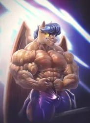 Size: 1647x2237 | Tagged: suggestive, artist:rizzyofen, derpibooru import, oc, oc:lightning rider, unofficial characters only, anthro, pegasus, pony, abs, anthro oc, biceps, bodybuilder, clothes, costume, crotch bulge, deltoids, flexing, glow, glowing eyes, image, looking at you, male, muscles, muscular male, pecs, pegasus oc, png, shadowbolts, shadowbolts costume, solo, solo male, stallion, thighs, thunder thighs, triceps, wings