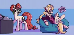 Size: 1417x678 | Tagged: safe, artist:cowsrtasty, derpibooru import, oc, oc:melody bash, oc:penny inkwell, earth pony, pony, unicorn, beanbag chair, controller, image, png, typewrtiter