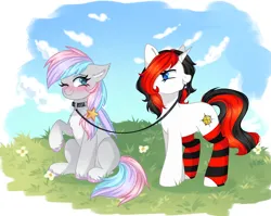 Size: 2537x2015 | Tagged: suggestive, artist:freyamilk, derpibooru import, oc, oc:dreamyway skies, oc:starforce fireline, unofficial characters only, bat pony, pony, unicorn, bat pony oc, bat wings, blue eyes, blushing, chest fluff, clothes, cloud, collar, commission, cute, ear fluff, ear tufts, eyebrows, eyelashes, female, females only, flirting, flower, grass, grass field, hair accessory, happy, horn, image, imminent sex, leash, lesbian, looking at each other, looking at someone, mare, nature, oc x oc, one eye closed, outdoors, pet play, png, raised hoof, shipping, sitting, sky, smiling, smiling at each other, smirk, socks, sparkles, sparkling mane, standing, striped socks, unicorn oc, walking, wings, ych result