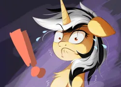 Size: 1601x1150 | Tagged: safe, artist:行豹cheetahspeed, derpibooru import, oc, oc:autumn trace, unofficial characters only, unicorn, black and white mane, exclamation point, facial expressions, horn, image, jpeg, orange eyes, purple background, shocked, simple background, yellow skin