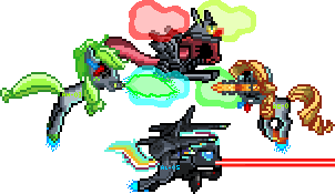 Size: 302x175 | Tagged: semi-grimdark, artist:botchan-mlp, derpibooru import, edit, applejack, rainbow dash, rarity, twilight sparkle, pony, robot, robot pony, apollo, ares, calamity mod, creepy, crossover, damaged, dangerous, exo-mechs, fire, flamethrower, flying, green fire, image, laser, laser cannon, looking at you, magic, magic aura, no face, open mouth, pixel art, png, recolor, robot gore, small resolution, terraria, thanatos, weapon, wires