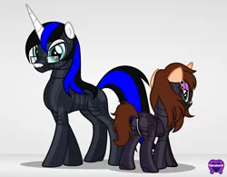Size: 3849x3000 | Tagged: oc name needed, source needed, suggestive, artist:applec1234, oc, oc:chloe adore, unofficial characters only, pony, unicorn, bedroom eyes, blue mane, blue tail, blushing, bondage, boots, brown mane, brown tail, clothes, corset, duo, ear piercing, encasement, eyeshadow, female, gag, glasses, green eyes, hood, image, latex, latex corset, latex mask, latex suit, looking at you, looking back, looking back at you, looking forward, makeup, male, mare, otm gag, piercing, png, purple eyeshadow, rear view, shoes, show accurate, simple background, stallion, standing, tan coat, thigh boots, two toned mane, two toned tail, watermark, white background, white coat, zipper