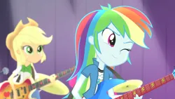 Size: 3072x1727 | Tagged: safe, derpibooru import, screencap, applejack, pinkie pie, rainbow dash, human, equestria girls, rainbow rocks, applejack's hat, bass guitar, clothes, cowboy hat, cutie mark, cutie mark on clothes, duo, duo female, duo focus, electric guitar, female, guitar, hat, image, jpeg, microphone, musical instrument, one eye closed, smiling, wink