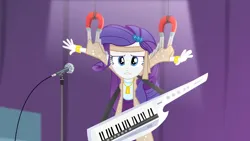 Size: 3072x1727 | Tagged: safe, derpibooru import, screencap, rarity, human, equestria girls, rainbow rocks, female, frown, hairpin, image, jpeg, keytar, magnet, microphone, microphone stand, musical instrument, solo