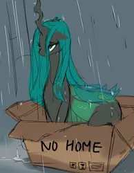 Size: 690x891 | Tagged: artist needed, source needed, safe, derpibooru import, queen chrysalis, changeling, changeling queen, cardboard box, changeling in a box, female, homeless, image, jpeg, rain, sad, solo