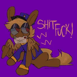 Size: 1080x1080 | Tagged: safe, artist:your.terrible.friend, derpibooru import, oc, oc:shitfuck, pegasus, pony, clothes, female, forced meme, hat, image, letter, mare, meme, mouth hold, png, purple background, red eyes, signature, simple background, sitting, spread wings, telegram pony, text, uniform, vulgar, wings