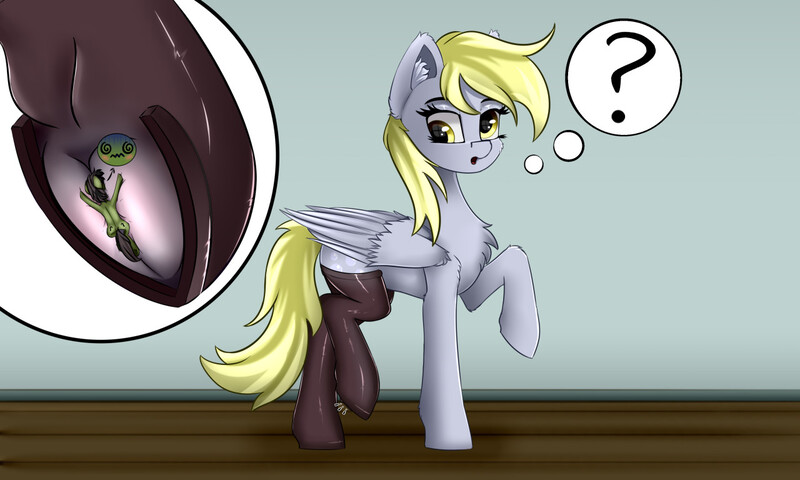 Size: 1280x768 | Tagged: suggestive, artist:leon_zi, derpibooru import, derpy hooves, earth pony, pegasus, anonpony, chest fluff, clothes, confused, fetish, hoof fetish, image, jpeg, latex, latex stockings, macro/micro, micro, question mark, raised hoof, socks, stockings, thigh highs, thought bubble, trapped in socks, underhoof